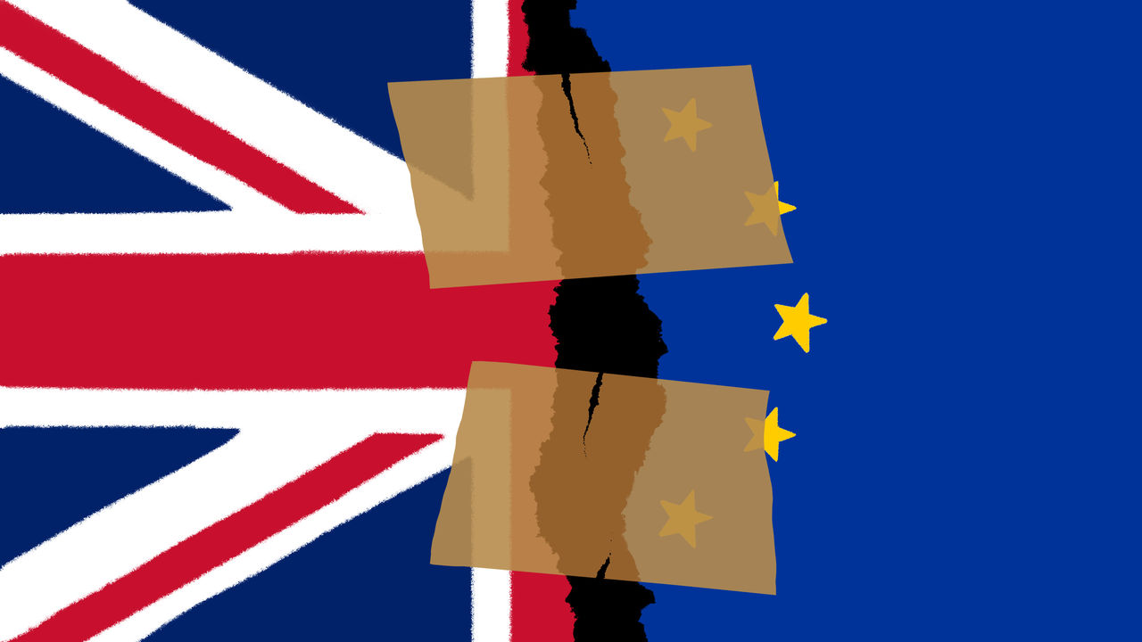 This image is a visual metaphor for Brexit, symbolizing the United Kingdom's departure from the European Union. On the left side is the Union Jack, representing the UK, and on the right is the EU flag with its recognizable blue background and yellow stars.