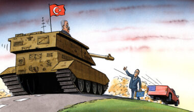 Illustration of Erdogan in a Tank flying the Turkish flag, a man in a suit with a briefcase with the EU flag on it sticks his thumb out to hitch a ride while a truck with the US flag speeds past