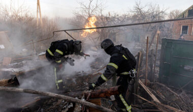 Ukrainian Emergency Service, firefighters put out the fire following a Russian air attack in Kostiantynivka, Donetsk region.