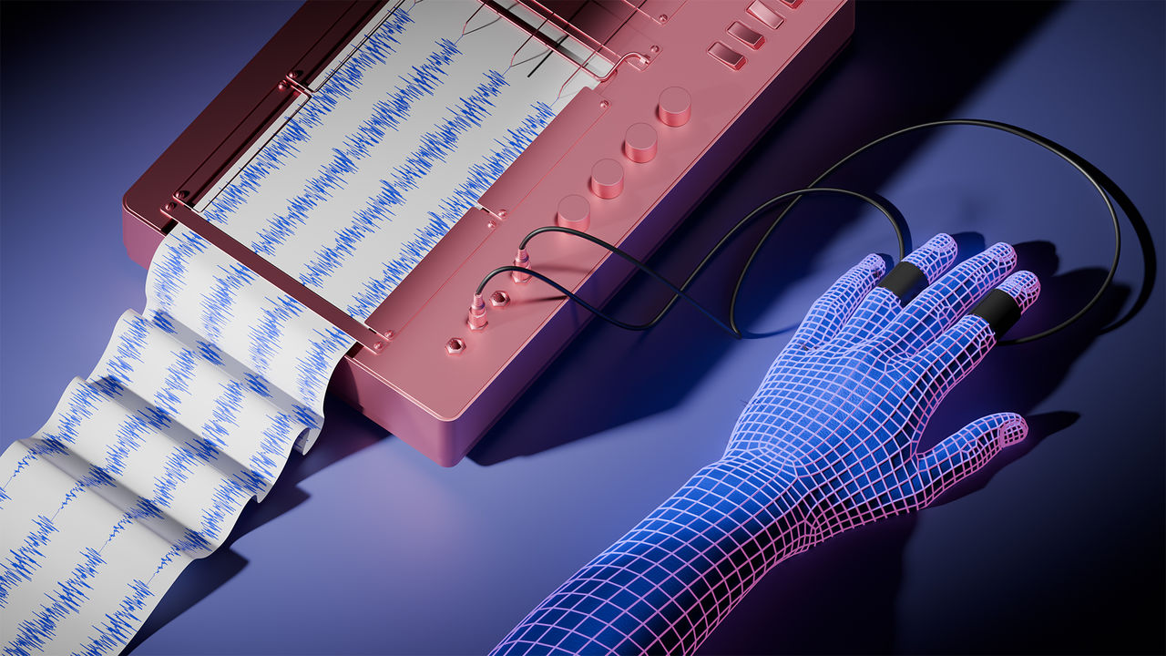 A wire frame hand hooked up to a lie detector. The graph indicates lying