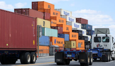 Shipping containers at Port Newark Container Terminal in Newark, New Jersey, United States  on April 8th 2025