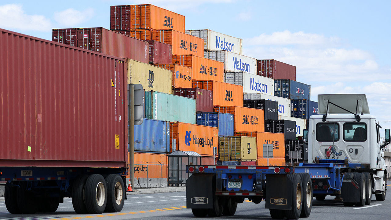 Shipping containers at Port Newark Container Terminal in Newark, New Jersey, United States  on April 8th 2025