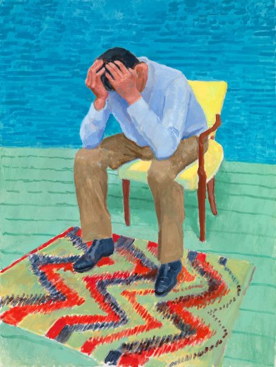 A portrait showing a man in a blue shirt and brown pants who has his head in his hands and his elbows on his knees as he looks to the gorund. He sits in a yellow chair. The wall is a brushy blue and the floor is green. 