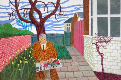 A painting of a man sitting in a backyard garden under a bare tree. He wears an ochre-patterned suit and yellow glasses and smokes a cigarette. He draws the exact scene (or him sitting under the tree with a sketchbook in his lap) we see. 