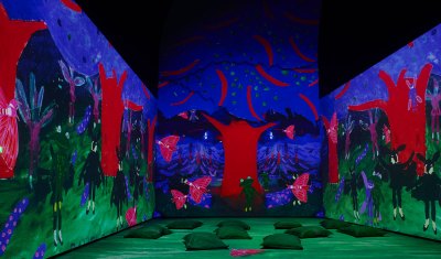 An animation of a set design showing various animals in the forest. There are large pillows on the floor. 