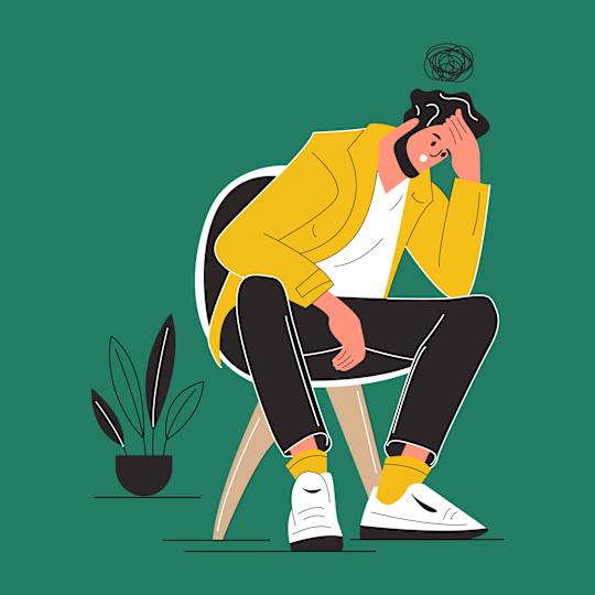 Illustration of a person slouched on a chair, hand on head, looking stressed, with a scribble above their head and a plant nearby