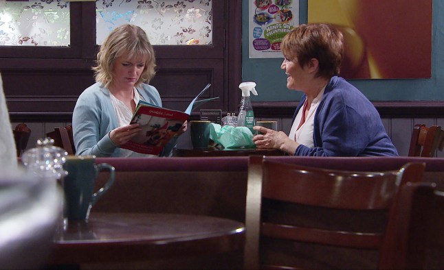 Nicola speaks to Brenda in the cafe in Emmerdale