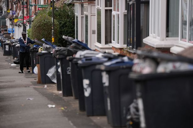 Overflowing bins in the Selly Oak area of Birmingham in March 2025
