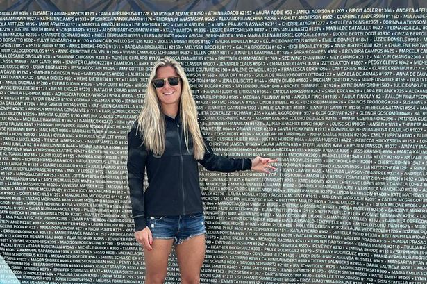 Olivia in front of a sign reading "Ironman 70.3 World Championship"