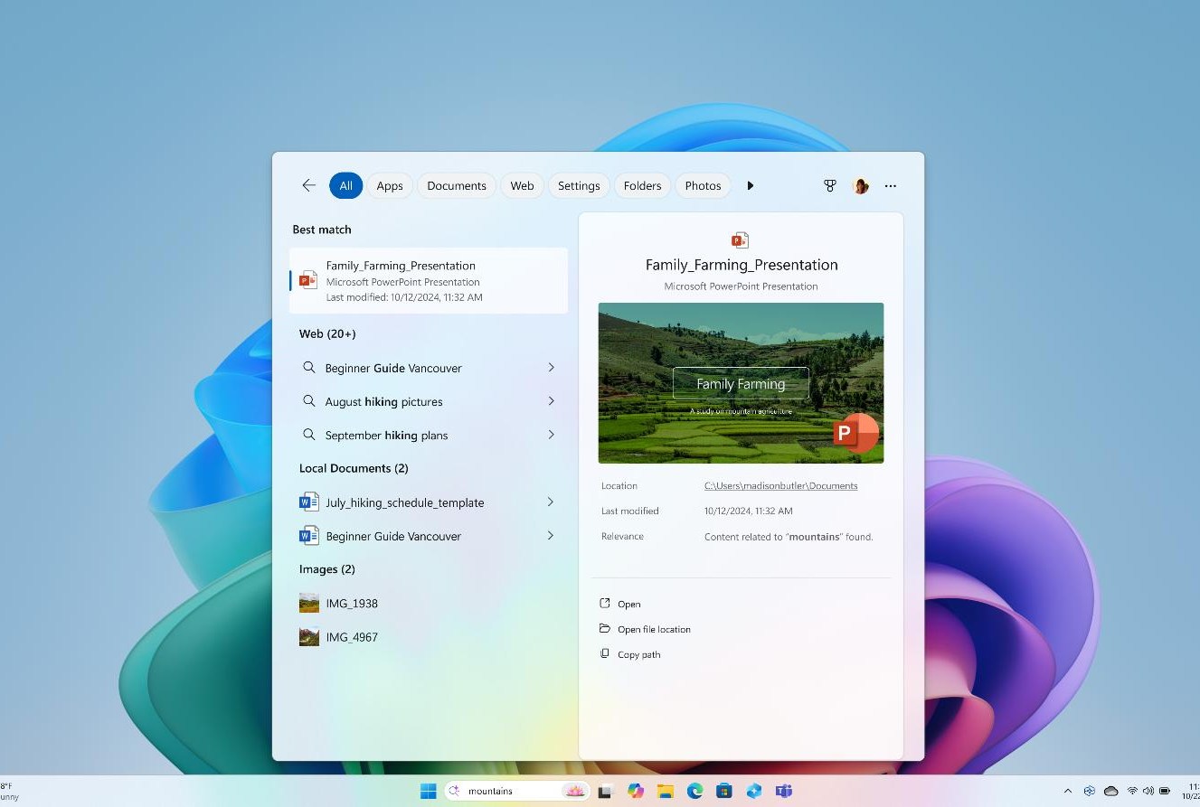 The new AI-powered Windows search interface.