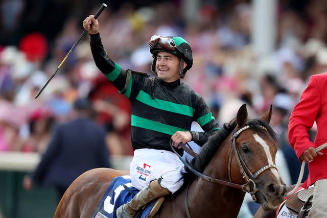 Rob Carr/Getty Brian J. Hernandez Jr. on top of Mystik Dan after winning the 150th running of the Kentucky Derby on May 04, 2024 in Louisville, Kentucky.