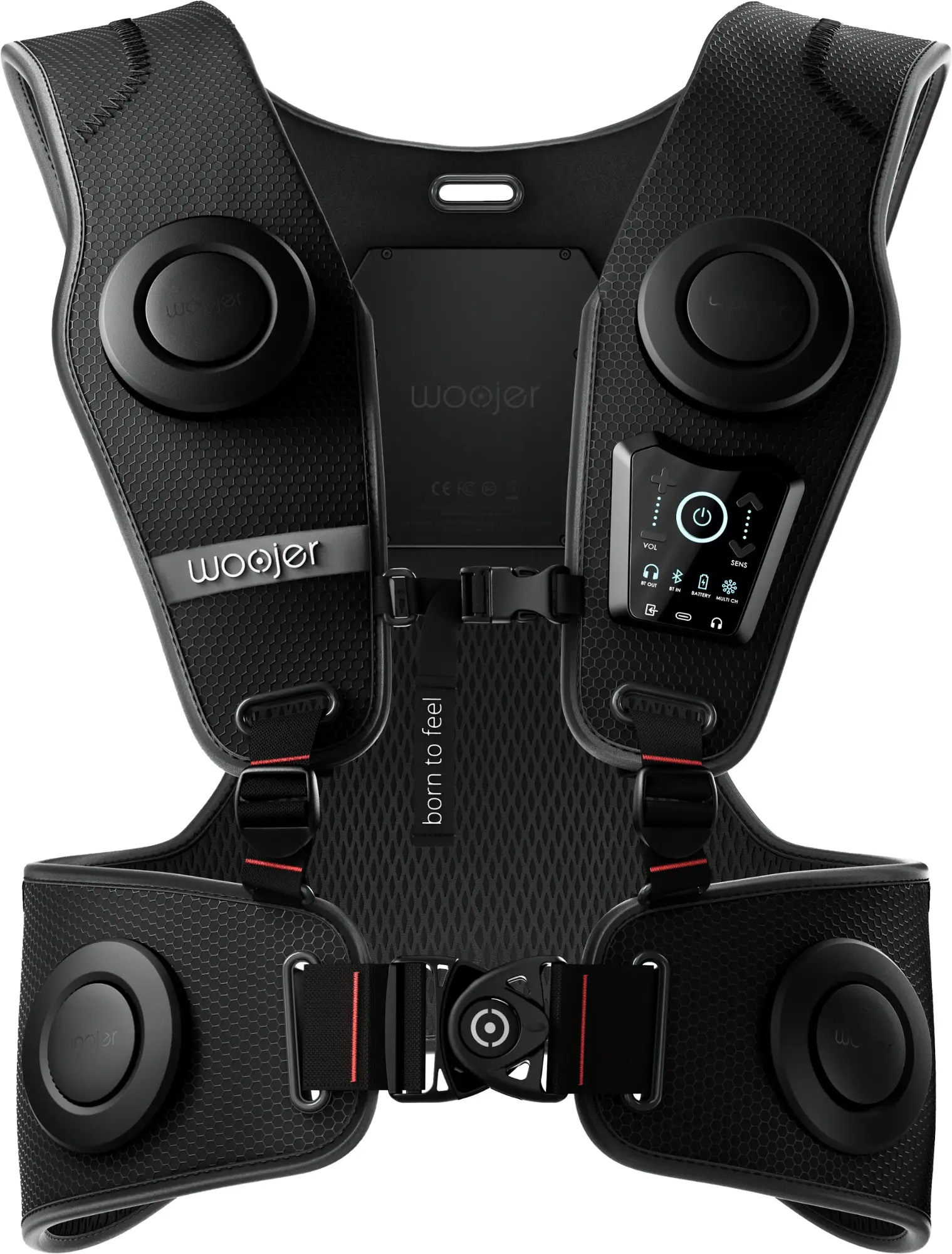 An official product render of the black Woojer Series 3 haptic vest
