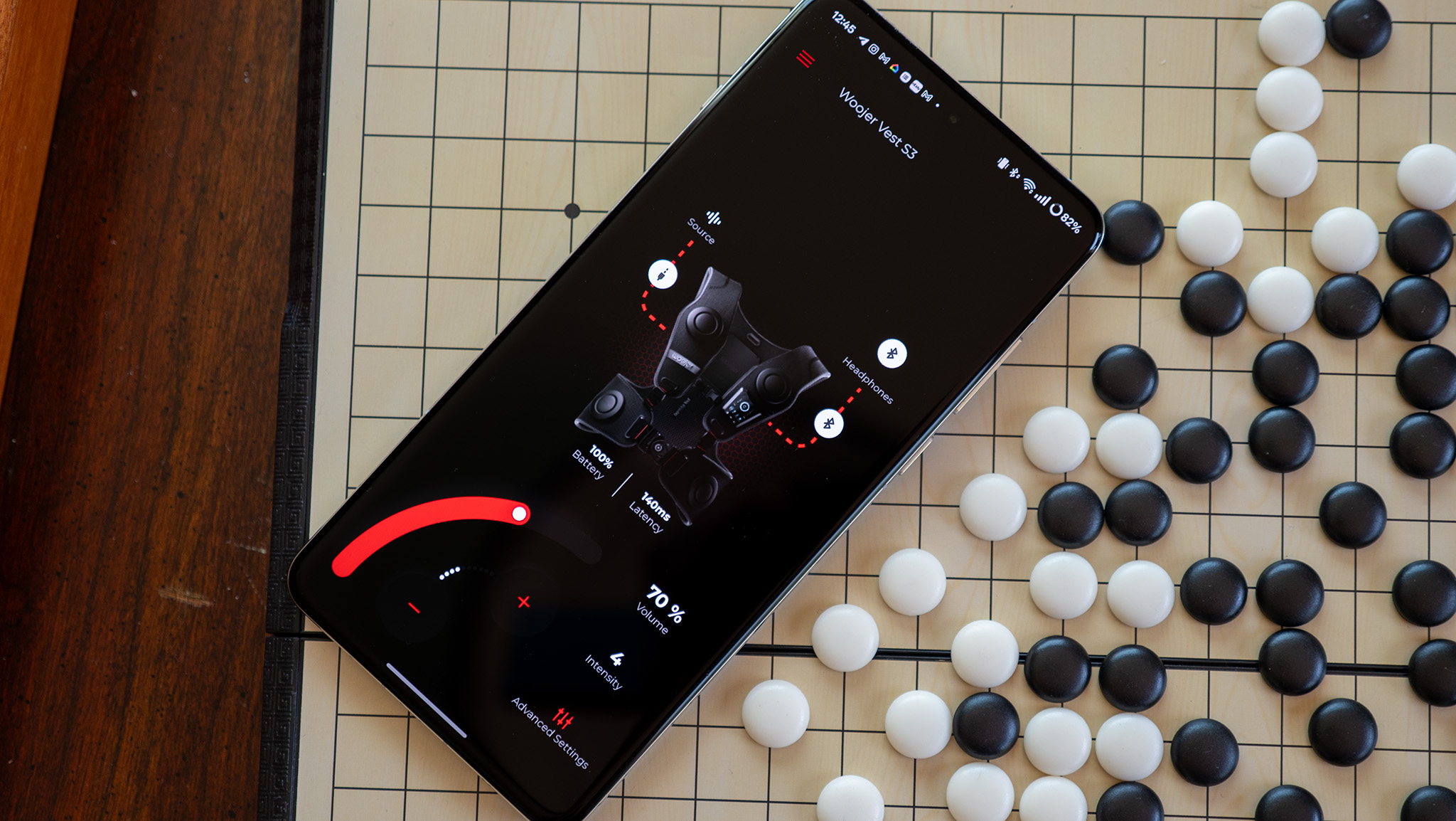The Woojer app with a Woojer Haptic Vest 3 connected