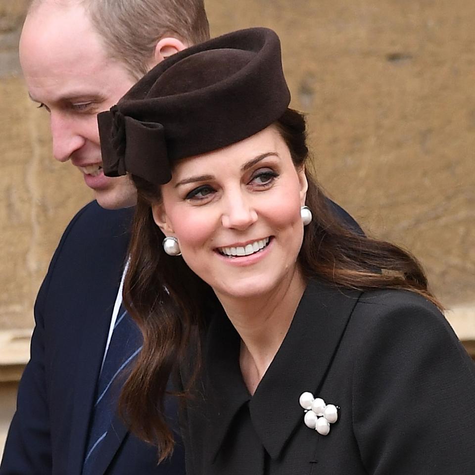  Kate Middleton wears a brown outfit to the Royal Family's Easter Sunday service in 2018. 