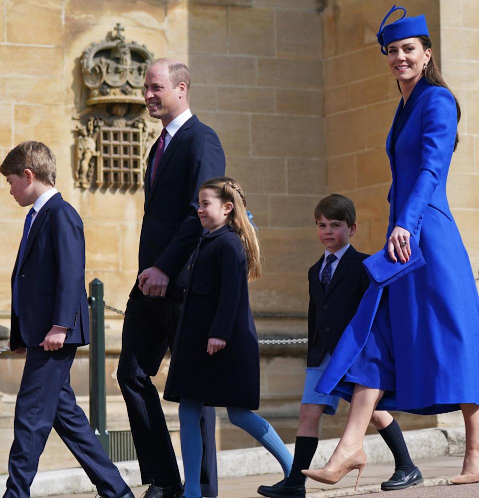 Prince William, Kate Middleton, Prince George, Princess Charlotte and Prince Louis walking to church on Easter 2023
