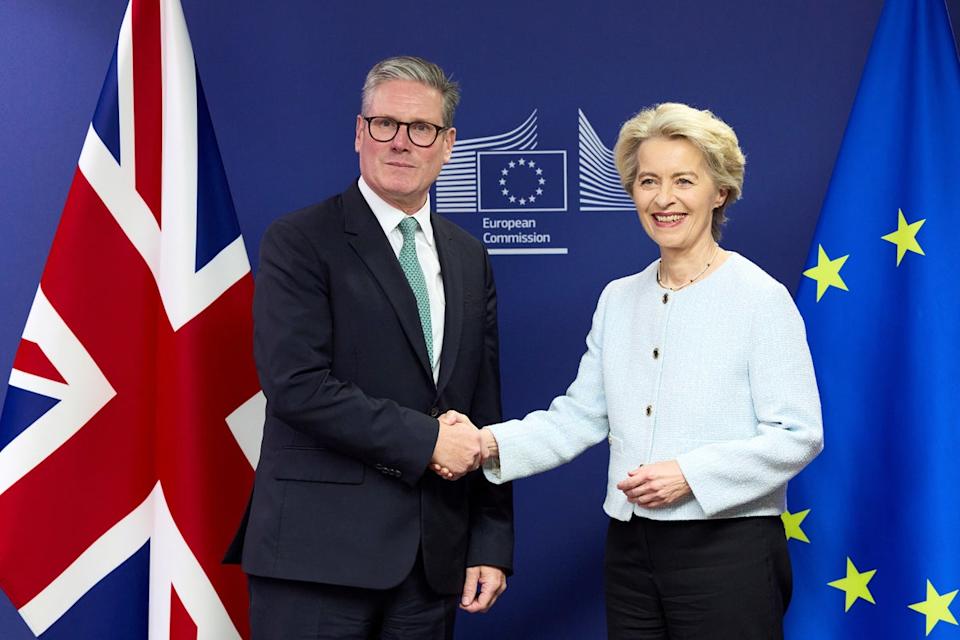 Sir Keir Starmer shakes hands with Ursula von der Leyen in front of UK and EU flags (PA)