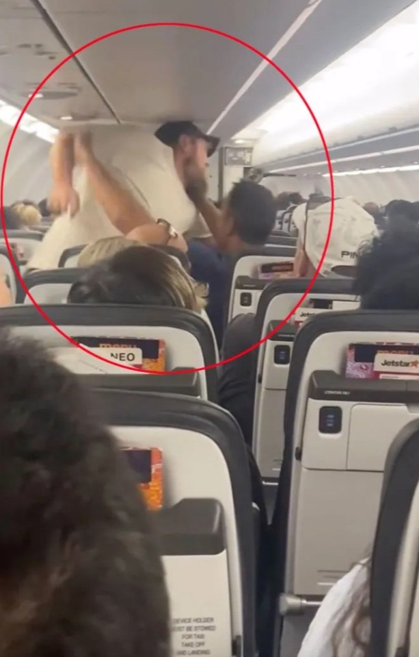 Video still of two passengers fighting on an airplane.