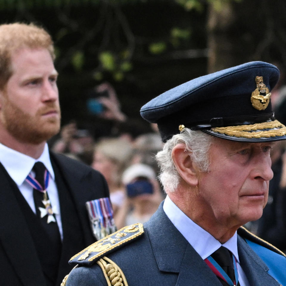  King Charles III and Britain's Prince Harry, Duke of Sussex walk behind the coffin of Queen Elizabeth II, adorned with a Royal Standard and the Imperial State Crown and pulled by a Gun Carriage of The King's Troop Royal Horse Artillery, during a procession from Buckingham Palace to the Palace of Westminster, in London on September 14, 2022. 