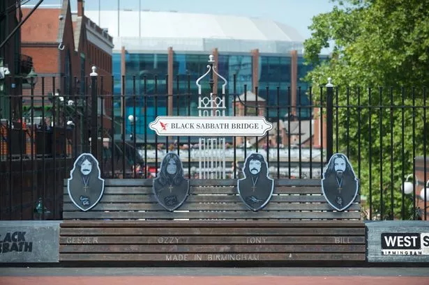The Black Sabbath bench on Black Sabbath Bridge on Broad Street.