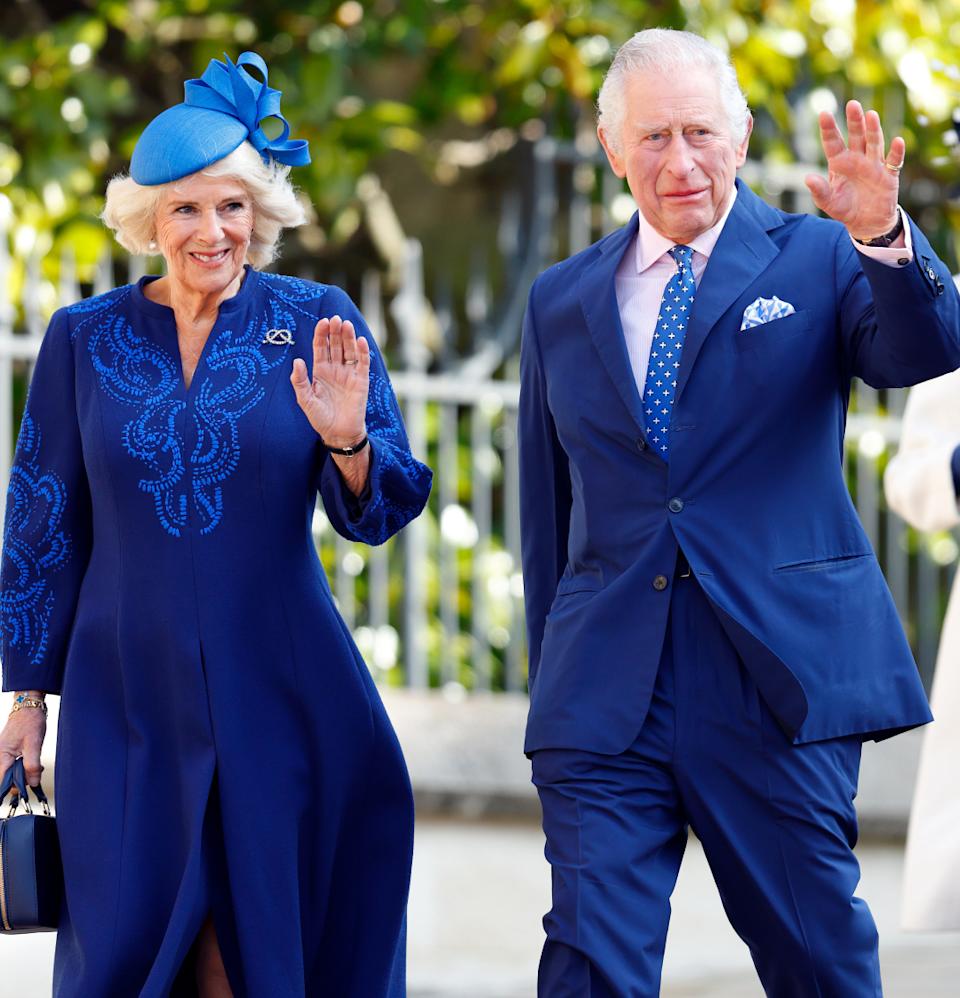  Queen Camilla and King Charles wearing blue outfits on Easter 2023. 