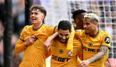 Wolves players and staff celebrate on the pitch after the English Premier League football match between Wolverhampton Wanderers and Tottenham Hotspur at the Molineux stadium(