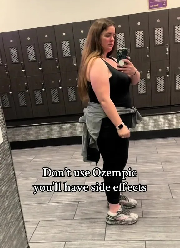Woman in gym locker room, warning against Ozempic side effects.