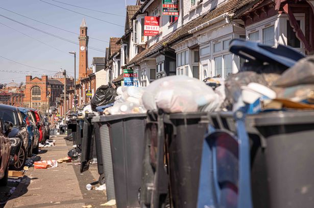 Bins brimming with rubbish in Selly Oak, Birmingham