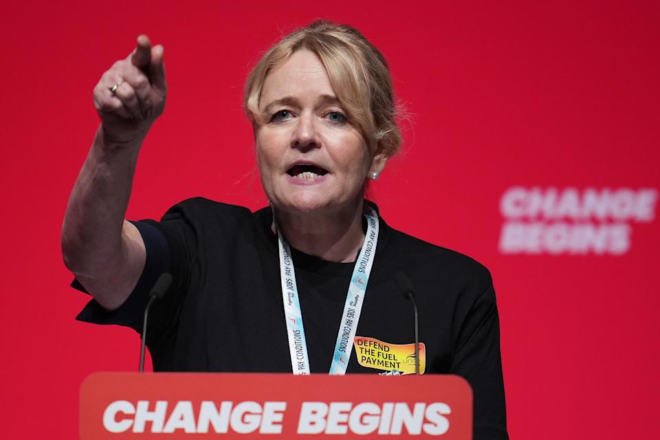 LIVERPOOL, ENGLAND - SEPTEMBER 25: Sharon Graham, General Secretary of Unite the Union, addresses conference during a debate on the cuts to winter fuel payments during the Labour Party Conference 2024 at ACC Liverpool on September 25, 2024 in Liverpool, England. This is Labour's first conference since they were returned as the governing party of The UK and Northern Ireland by voters in the July election, ending 14 years of Conservative rule. They won with a landslide majority of 172 seats, and 412 in total. (Photo by Christopher Furlong/Getty Images)
