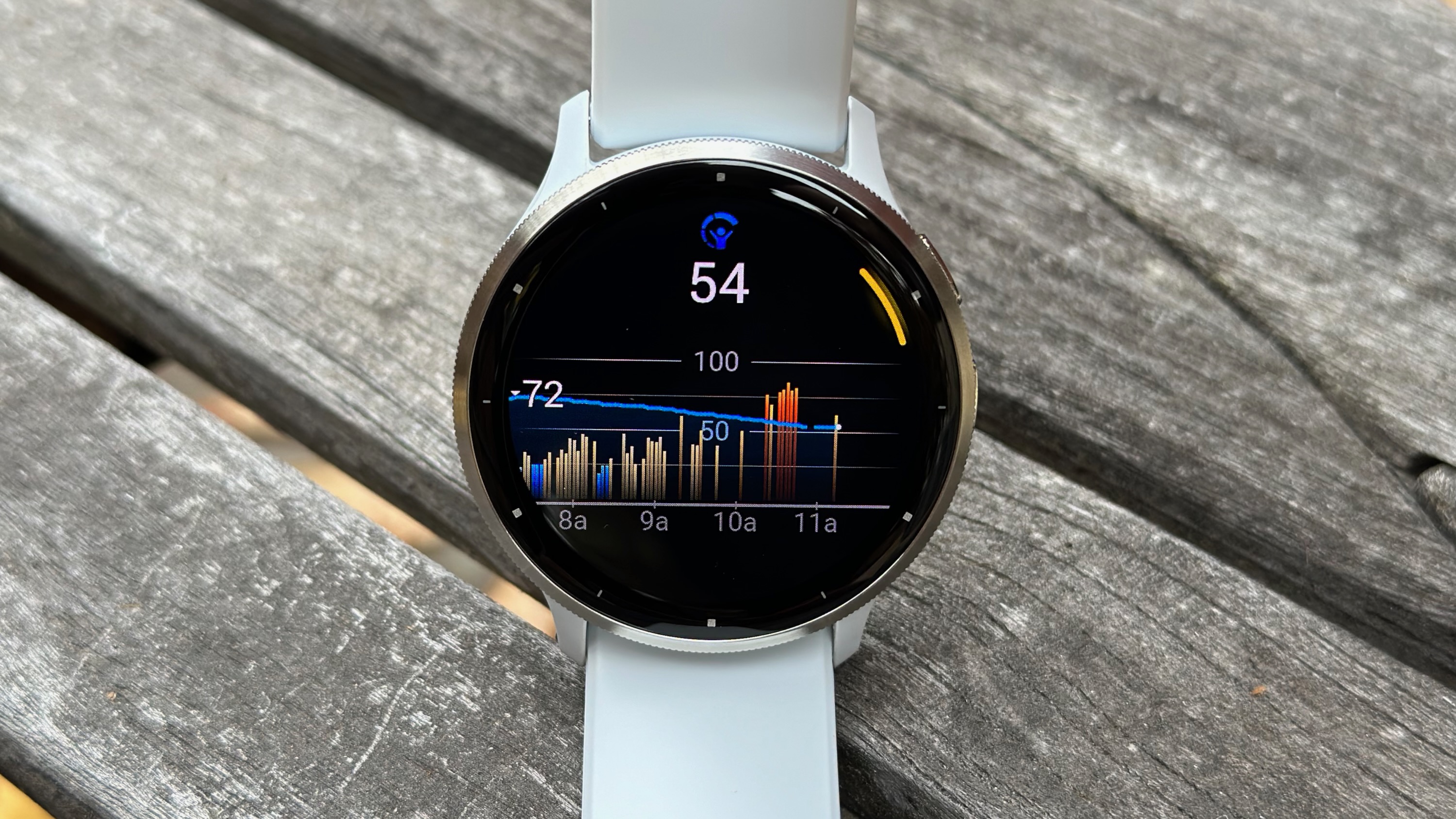A Body Battery chart on the Garmin Venu 3, showing stress levels in the background contributing to higher battery drain.