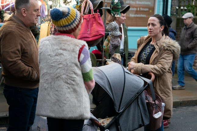 Sonia Fowler talks to Harvey Monroe and Jean Slater in EastEnders