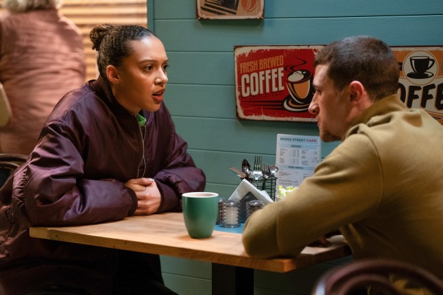 Gina has a chat with Harry in the cafe in EastEnders