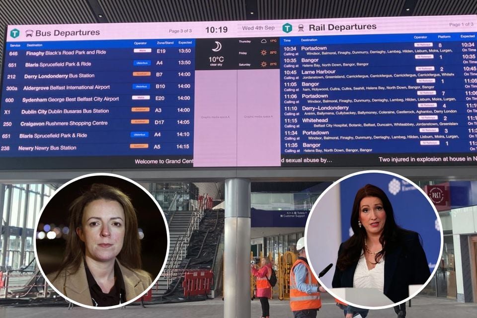 A row has broken out within the NI Executive over proposed Irish language signage at the new Belfast Grand Central Station (Rebecca Black/PA). Inset: Liz Kimmins (left) and Emma Little-Pengelly (right)