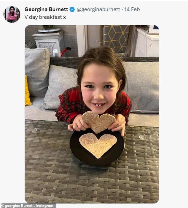 Company: Having noted that she 'wasn't alone' on Valentine's Day, Georgina had her daughter for company, as the pair enjoyed a heart-shaped breakfast