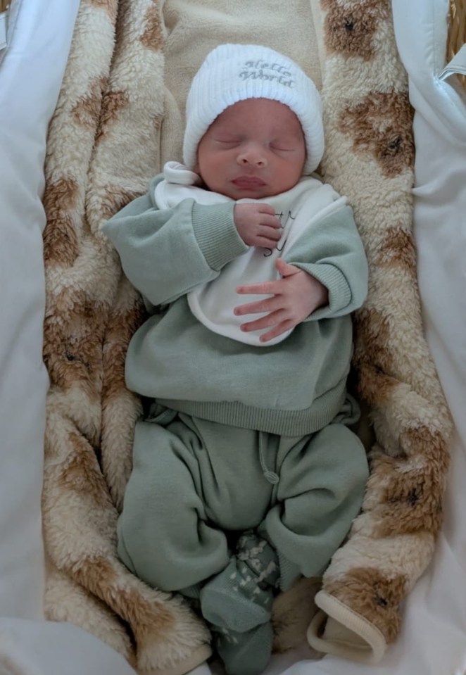 Newborn baby sleeping in a bassinet.
