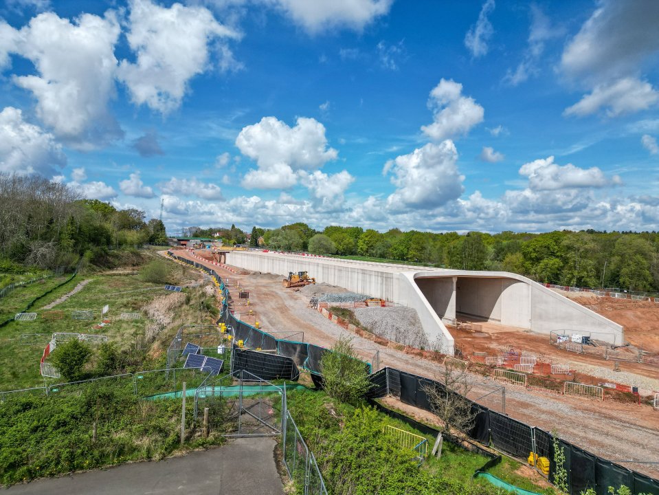 HS2 construction site in Burton Green, Warwickshire, showing a 700m tunnel under construction.