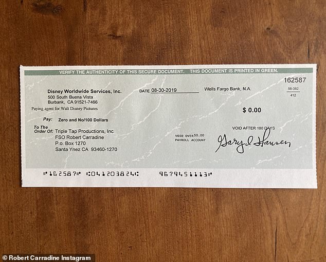 At the time, he posted an insulting residuals check from Disney that paid him a grand total of $0.00 for the given time period. 'Why we're striking...' he captioned the photo