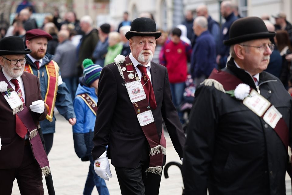 Press Eye - Belfast - Northern Ireland - 21st April 2025 General view of the main Apprentice Boys of Derry parade as it makes its way through the centre of Lisburn. Over 50 bands joined the main parade as it made its way through the County Antrim town. Photo by Kelvin Boyes  / Press Eye. 