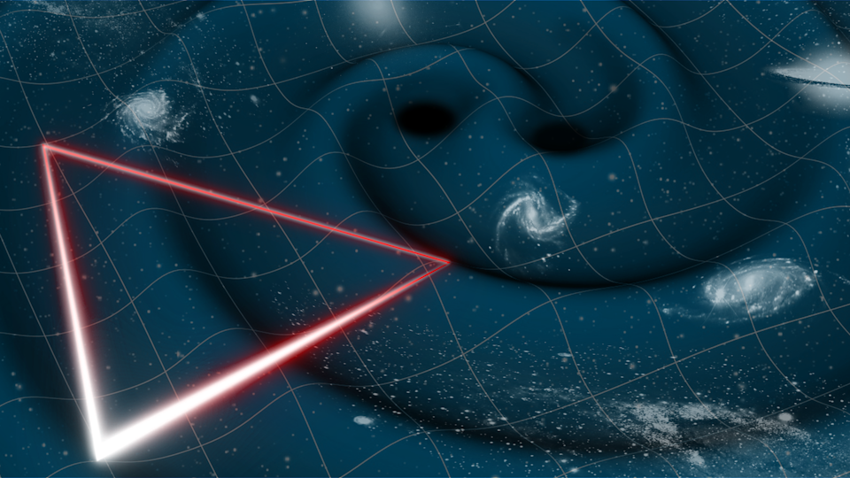 Illustration showing two black holes merging and creating ripples in the fabric of spacetime. Some galaxies are visible in the background. In the foreground, the shape of a triangle is traced by shining red lines. It is meant to represent the position of the three LISA spacecraft and the laser beams that will travel between them