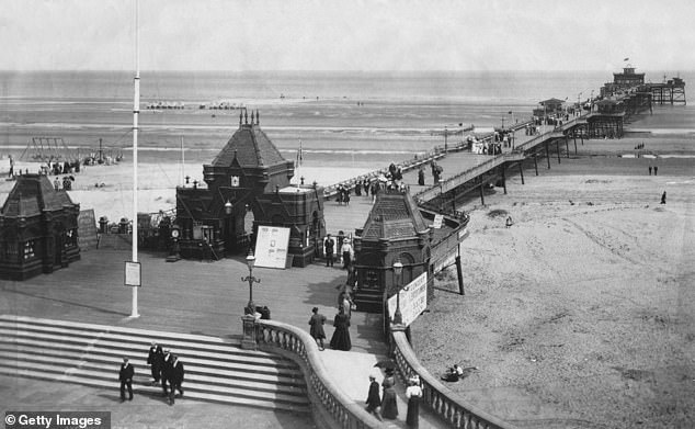 The picture above shows Skegness Pier in 1900. It was built in 1881 and was England's fourth longest at the time, stretching to 1,844ft/562m. Skegness Town Council explains: 'It was not until the railway reached Skegness in 1873 that visitors began arriving in large numbers'