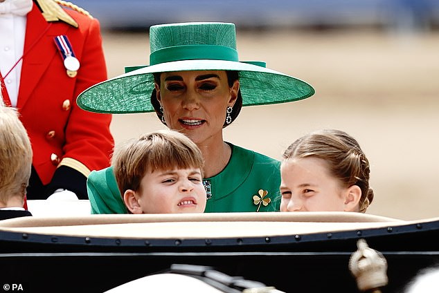 Louis looked less than impressed as he rode in a carriage with his mother and siblings following the Trooping The Colour ceremony in 2023
