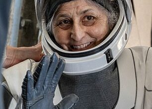 BEFORE: Suni Williams being carried to a stretcher after landing on March 19