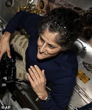 BEFORE: Williams on the ISS in August. Microgravity causes fluids to shift into the head. The resulting pressure build-up causes some vision loss in 70 per cent of astronauts
