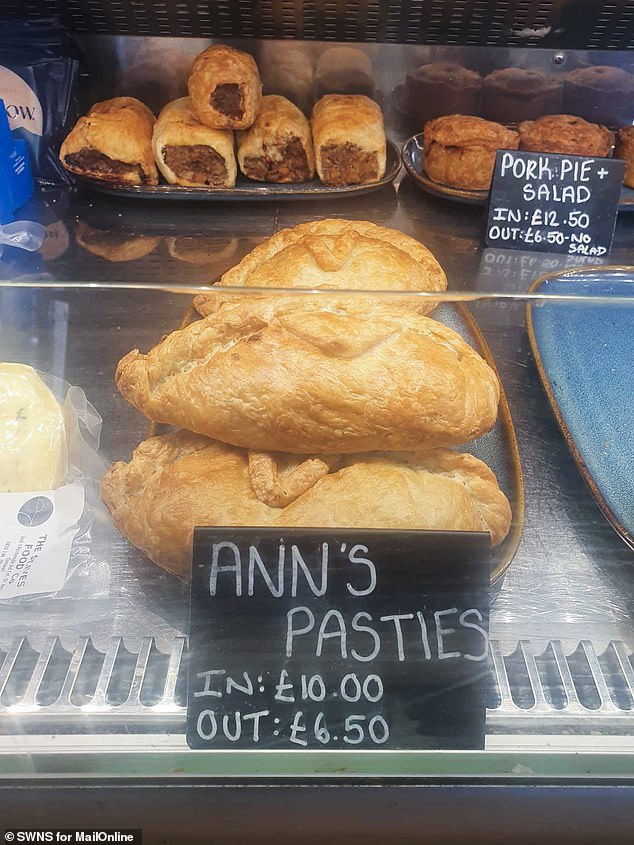 Currently, Terri sells pasties in her shop for £10 to eat in and £6.50 to take away. Pictured: Pasties in her shop last week. Pork pies were also on sale for as much as £12.50