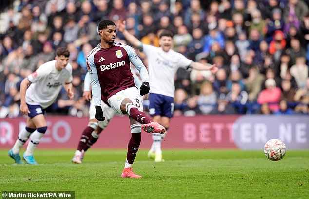 Marcus Rashford coolly converts a penalty for his second goal against Preston on Sunday