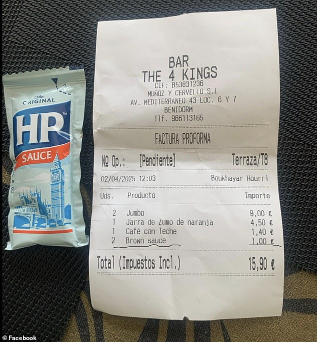 A Briton who lashed out after being charged a 'rip off' fee for a sachet of HP sauce in Benidorm is being ridiculed on social media. The disgruntled holidaymaker shared a picture of her bill next to one of the sachets on a Benidorm Facebook page