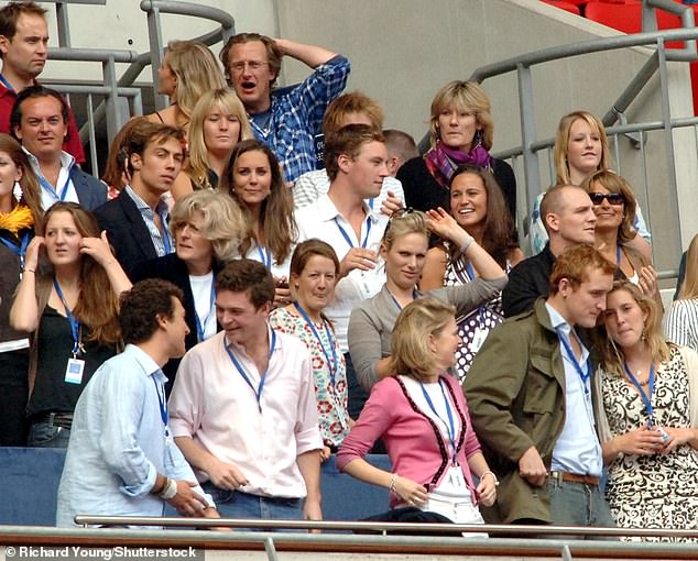 Diana's sister Lady Jane Fellowes sat one row in front of Kate (pictured wearing a black blazer) as did Zara Phillips and her rugby beau Mike Tindall (both right)