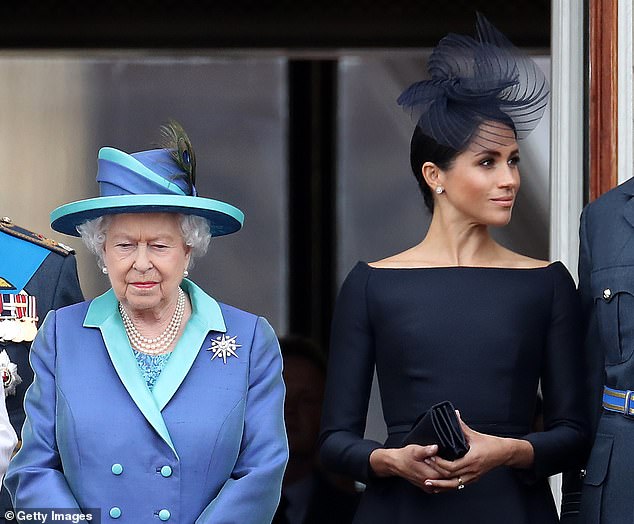 Queen Elizabeth II and Meghan Markle on the balcony of Buckingham Palace to mark the centenary of the RAF, July 2018