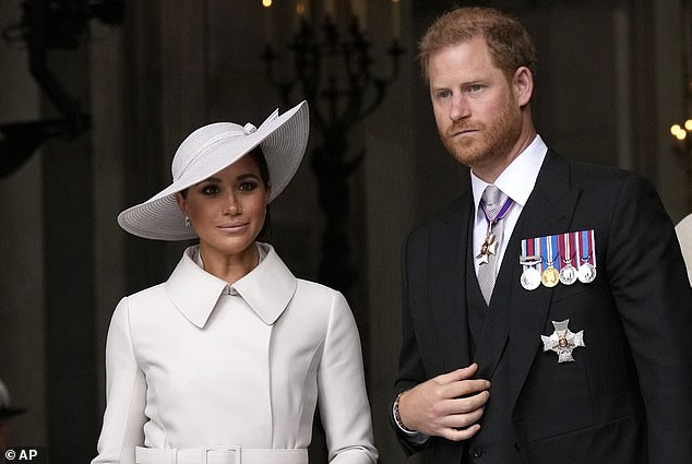 Prince Harry and Meghan Markle, Duke and Duchess of Sussex leave after a service of thanksgiving for the reign of Queen Elizabeth II at St Paul's Cathedral in London, 2022