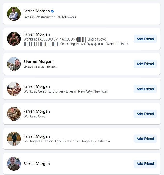 A screenshot from Facebook shows just a small selection of the hundreds of fake profiles set up with his name and photographs