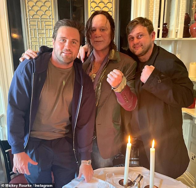 Rourke showed off his new wig as he enjoyed a final dinner in London before he headed into the CBB house (pictured with Liam kid Vaughan and his brother Ryan)